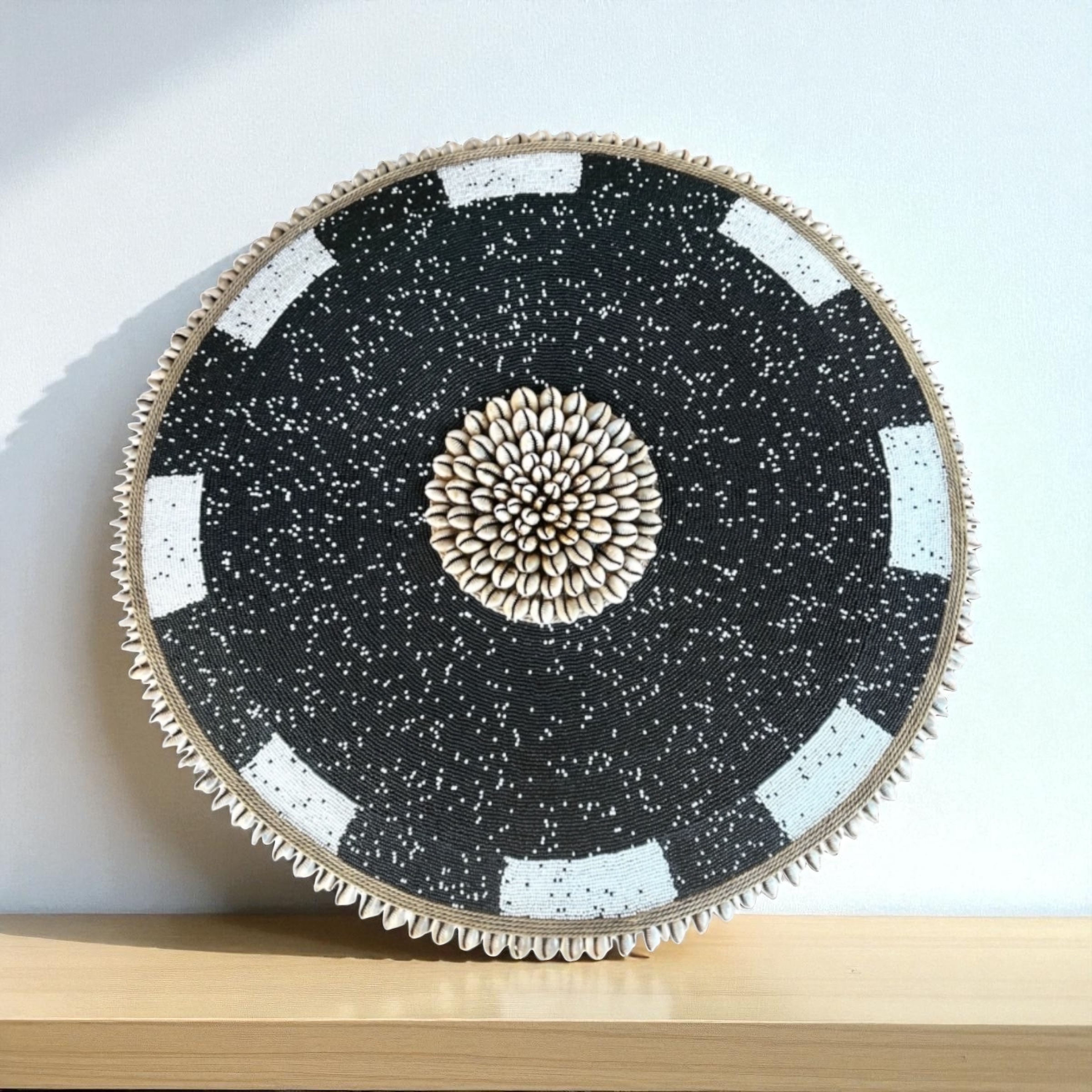 Cameroon beaded shield white, black multi and cowrie shells 30cm