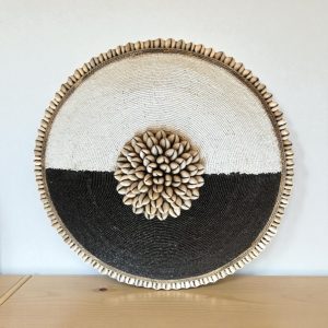 Cameroon umbrella beaded shield black and white circles with cowrie shells and string 55cm