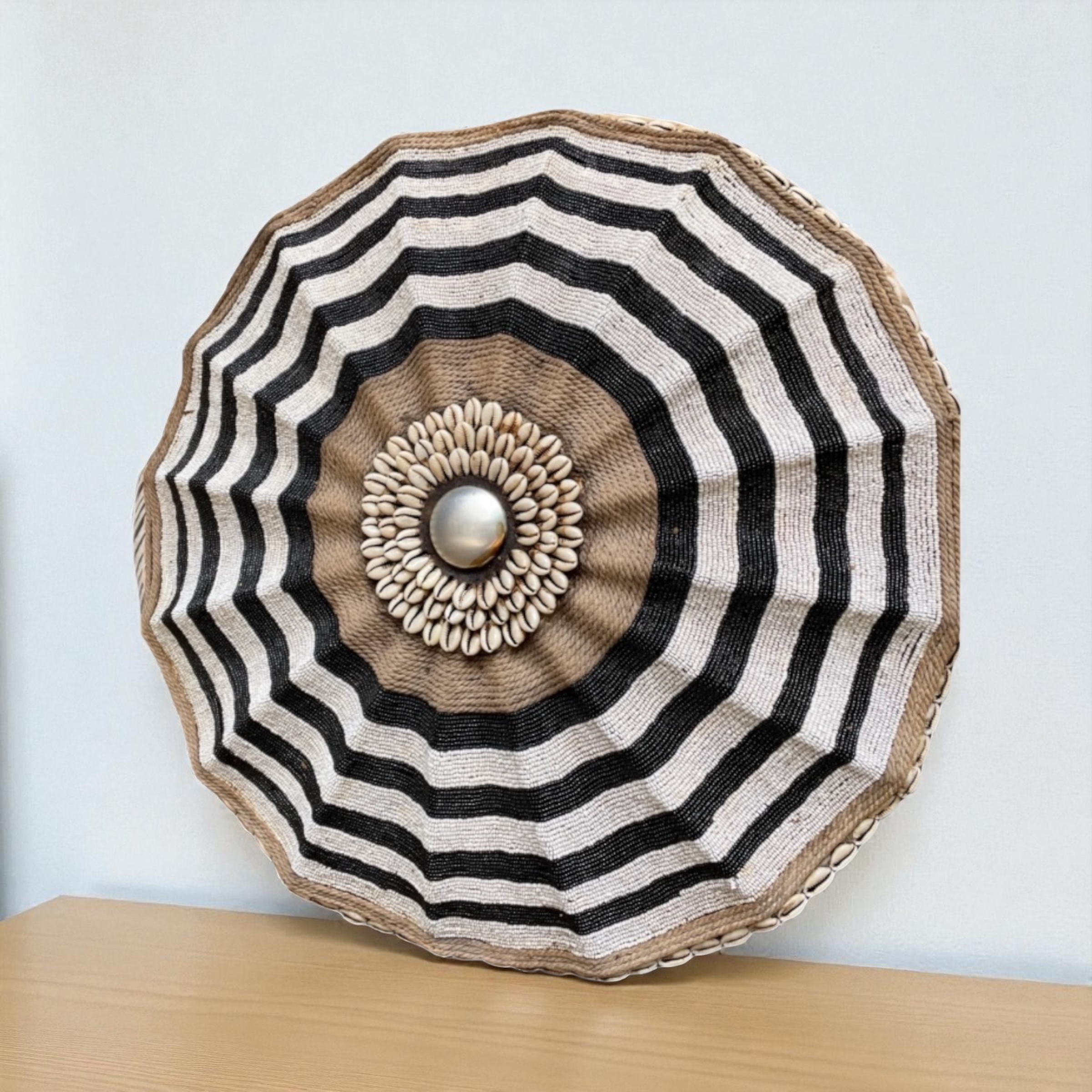 Cameroon umbrella beaded shield white, black and cowrie shells 30cm