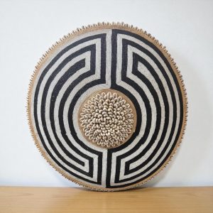 Cameroon umbrella beaded shield black and white circles with cowrie shells and string 30cm