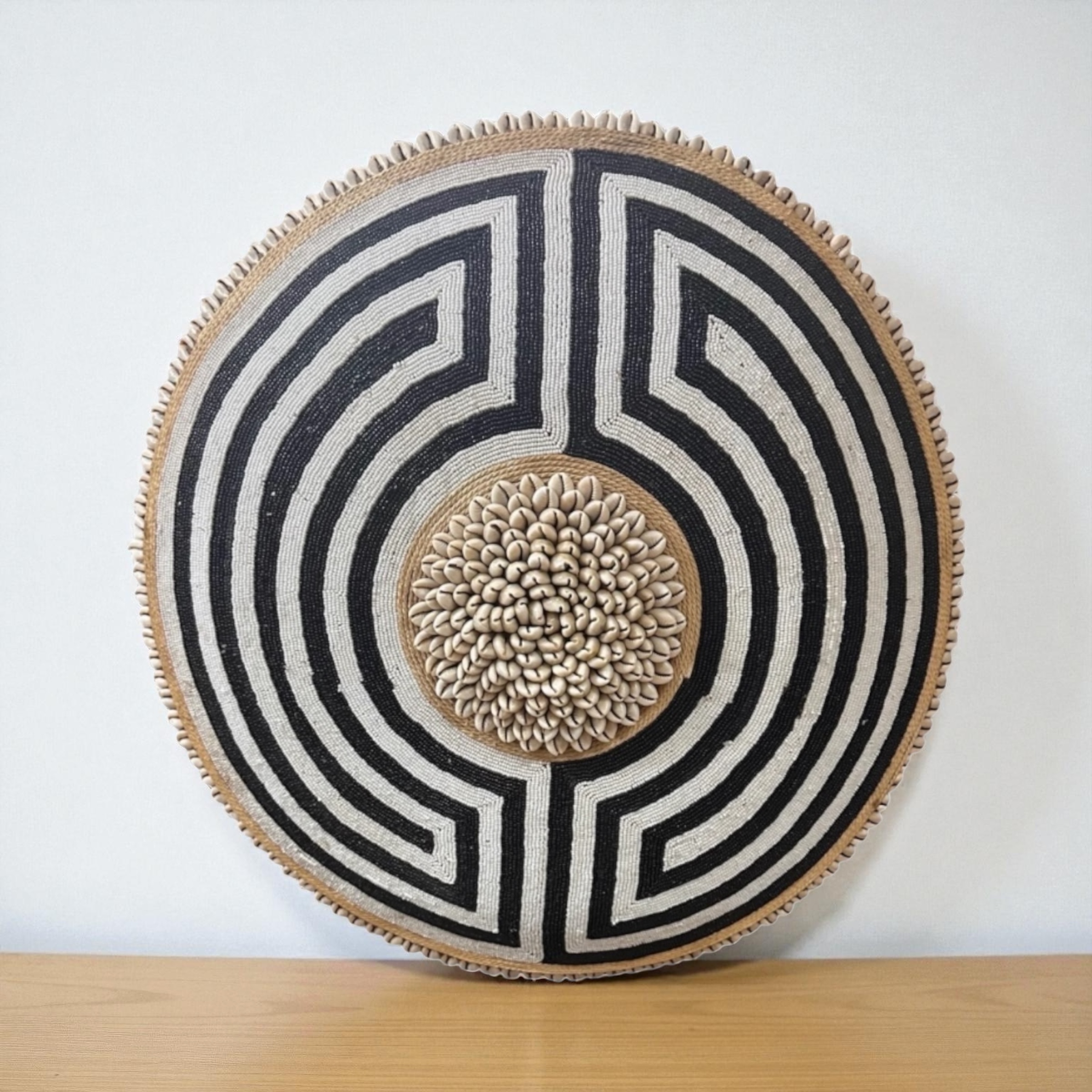 Cameroon umbrella beaded shield black and white circles with cowrie shells and string 30cm