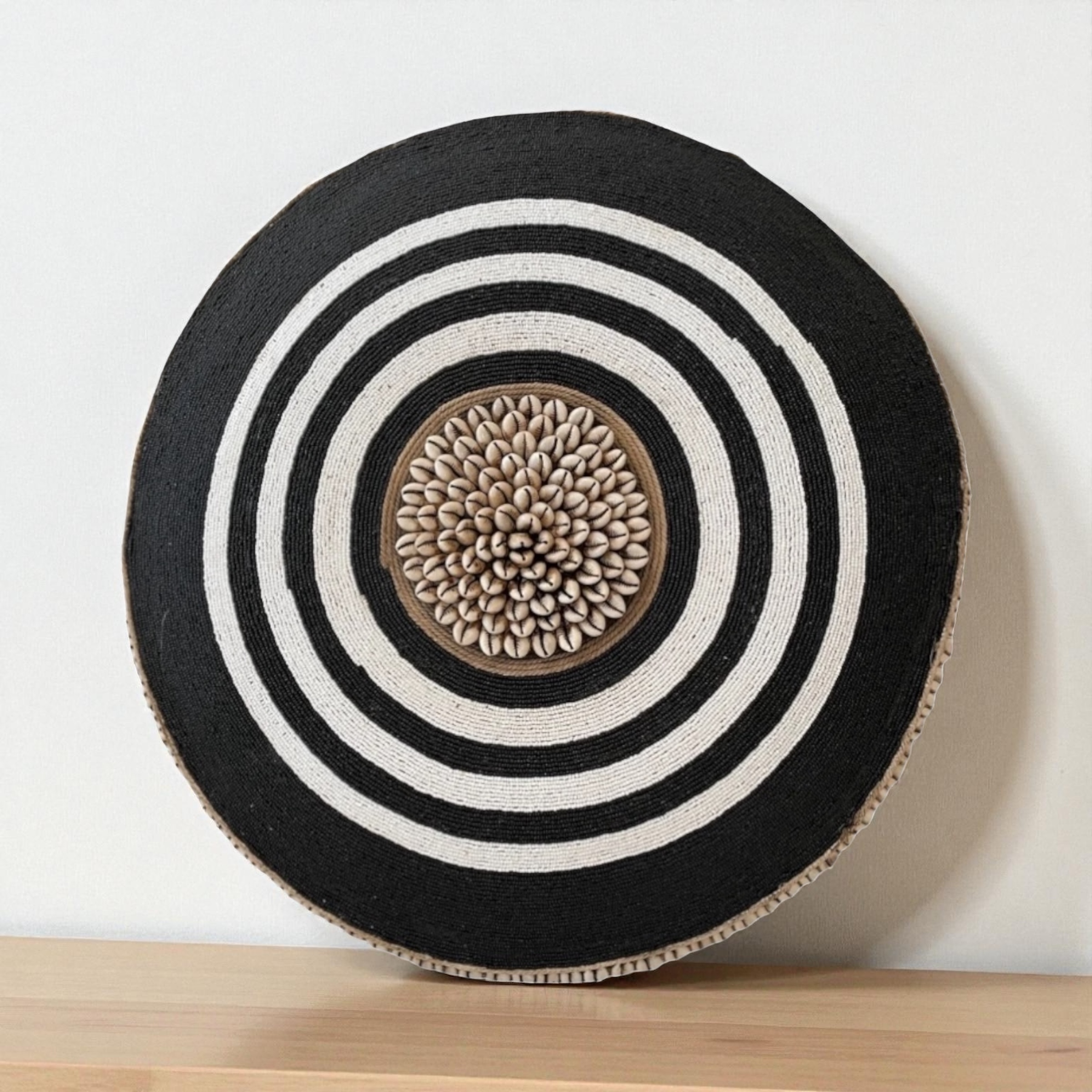 Cameroon beaded shield black, white and cowrie shells 55cm