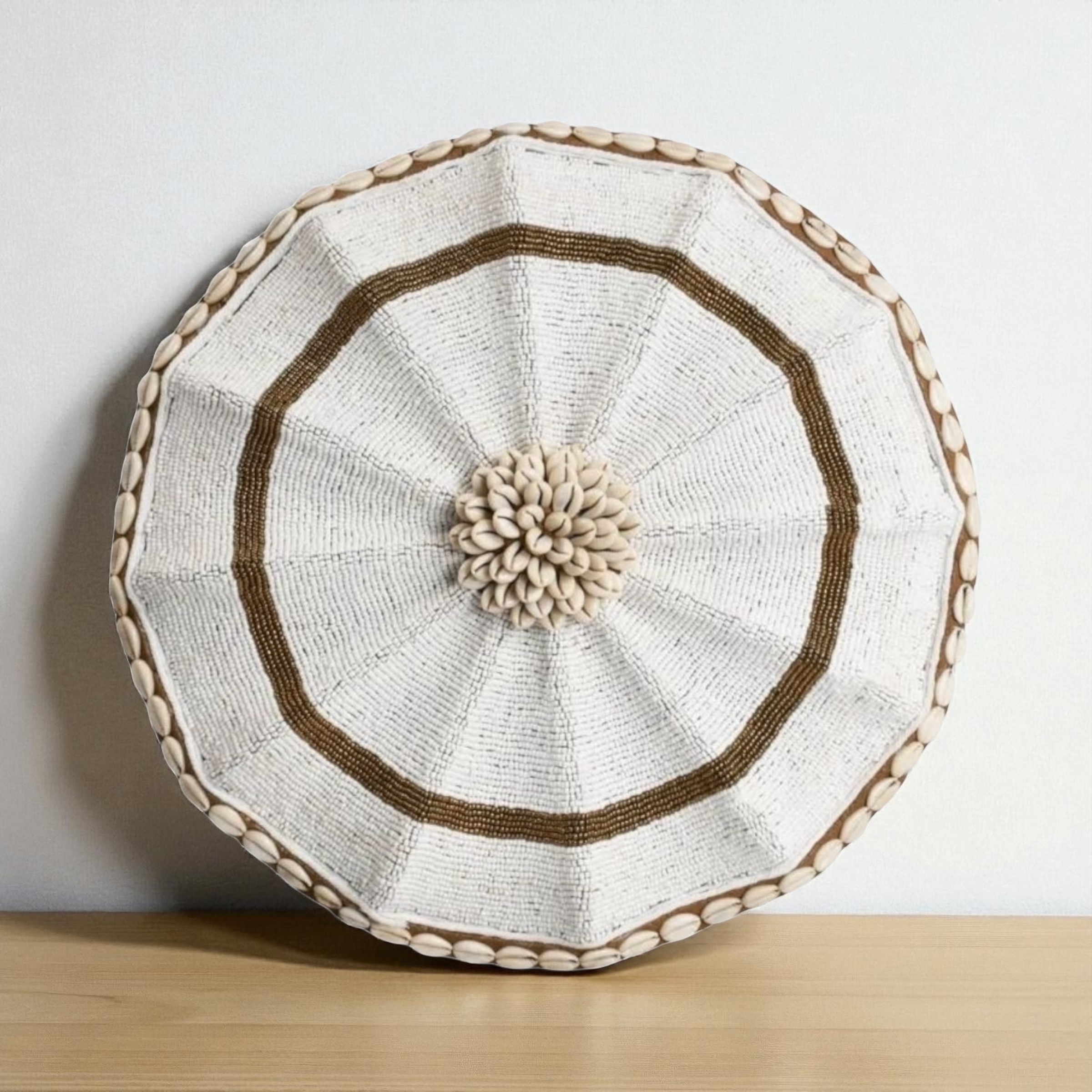 Cameroon umbrella beaded shield white and cowrie shells 30cm