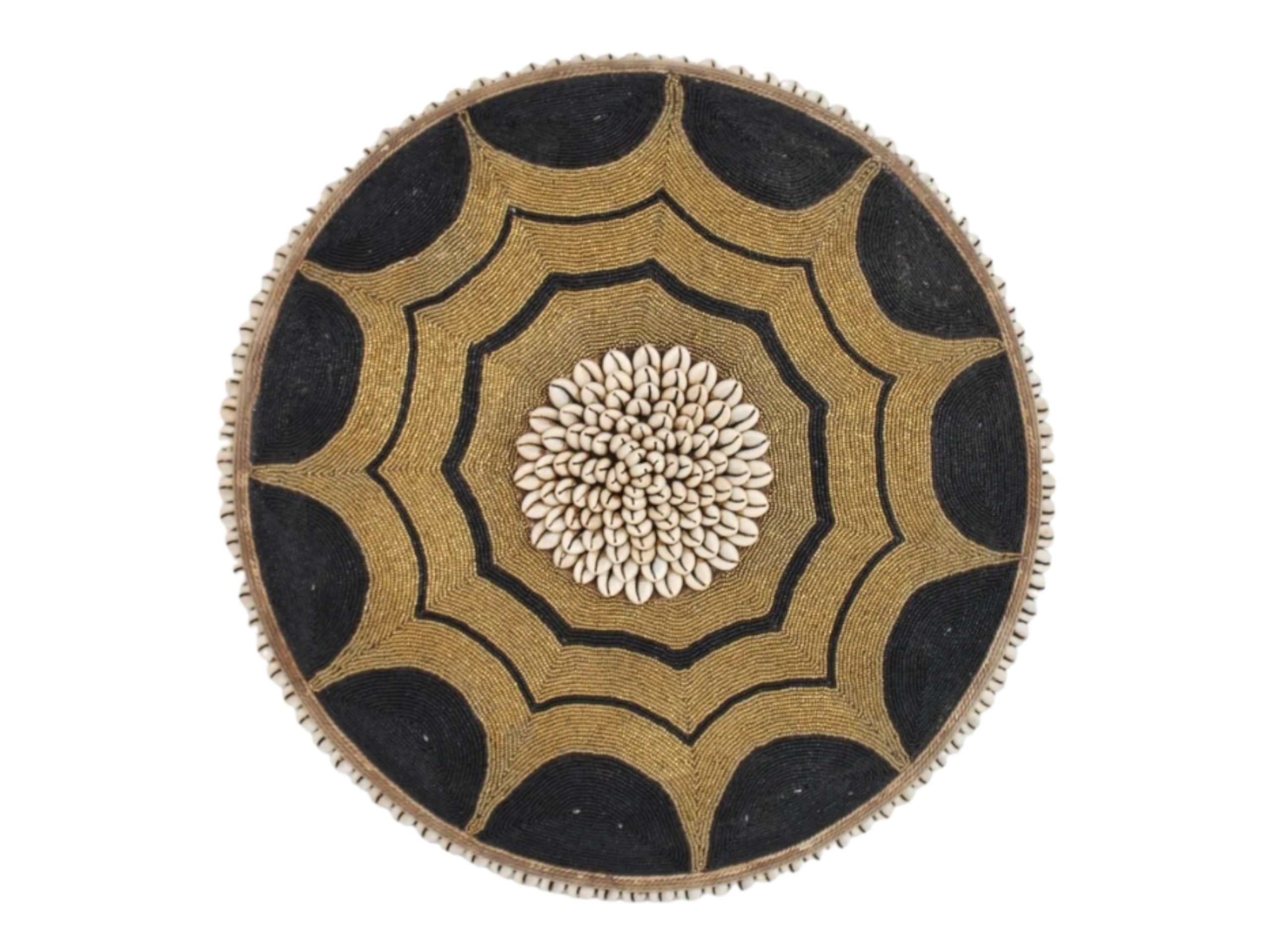 Cameroon beaded shield black, white corner and cowrie shells 55cm
