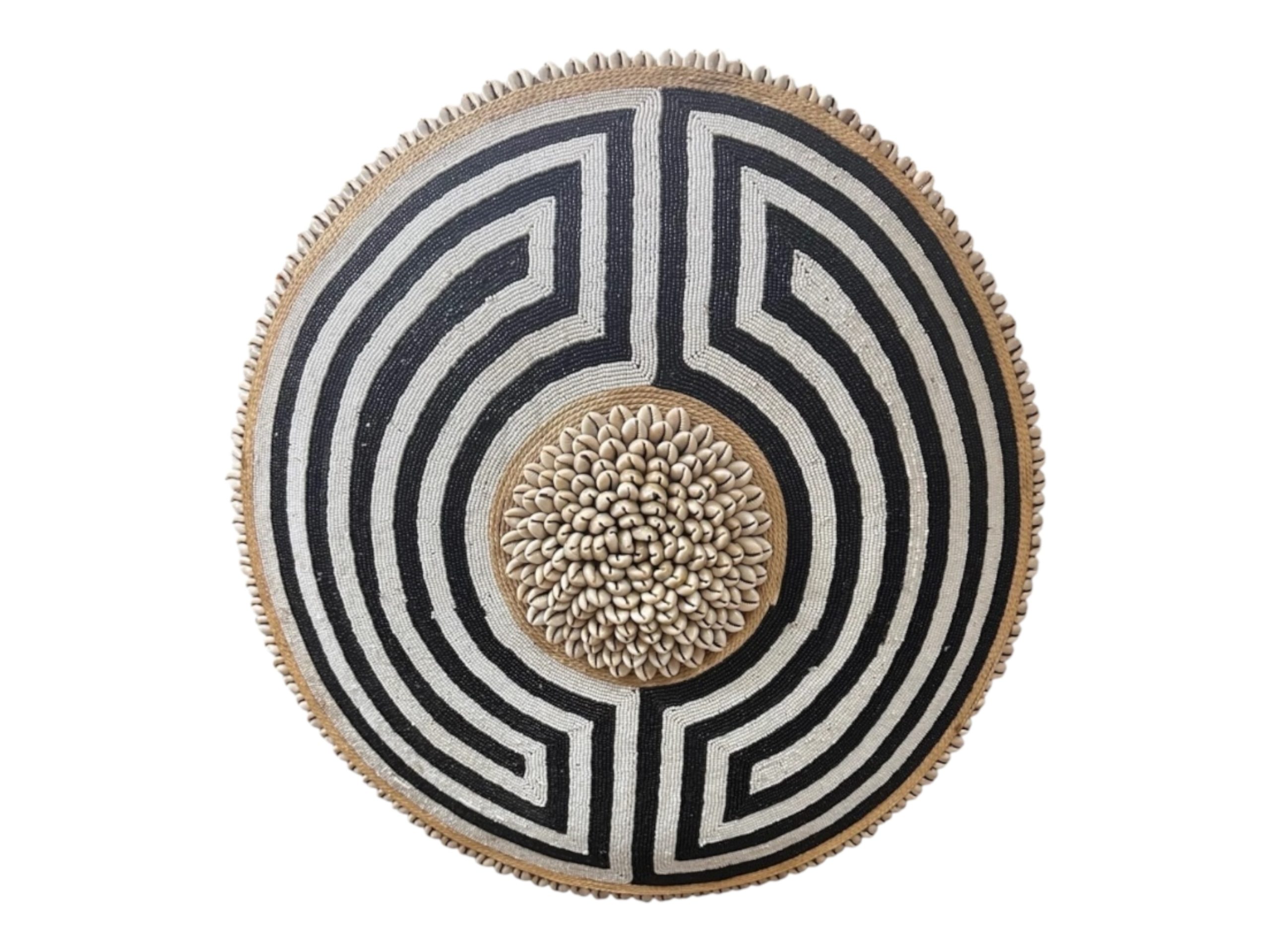 Cameroon umbrella beaded shield black and white circles with cowrie shells and string 30cm - Image 2