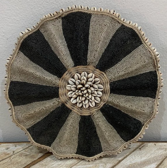 Cameroon umbrella beaded shield silver, black and cowrie shells 30cm