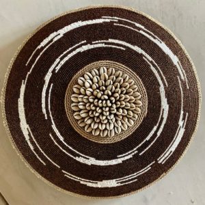 Cameroon beaded shield brown, white multi and cowrie shells 30cm