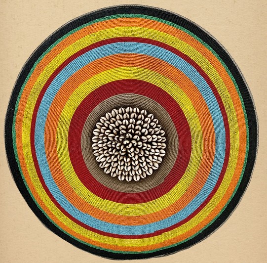 Cameroon beaded shield rainbow, yellow, orange, blue and cowrie shells 30cm
