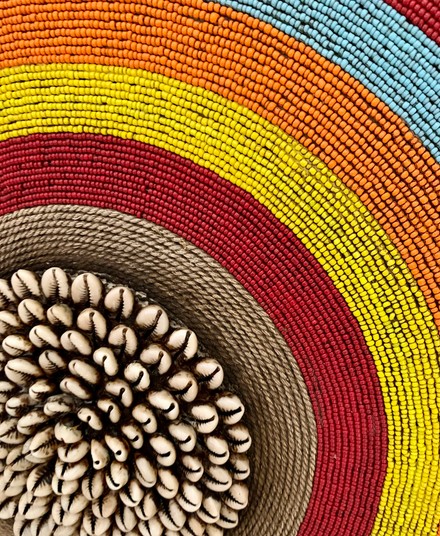 Cameroon beaded shield rainbow, yellow, orange, blue and cowrie shells 30cm - Image 3