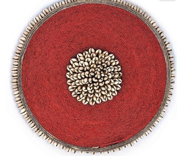 Cameroon beaded shield red and cowrie shells 30cm