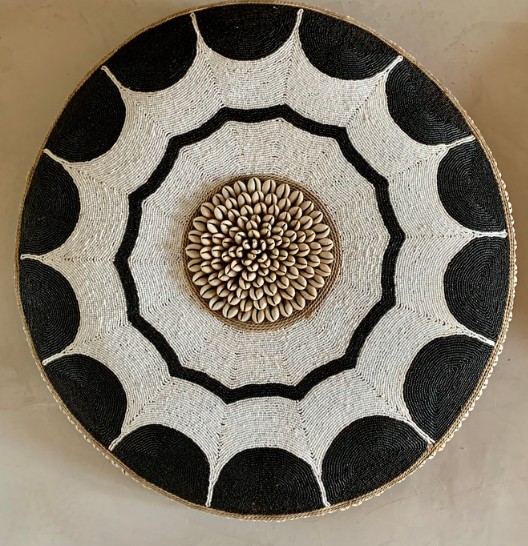 Cameroon umbrella beaded shield gold, black and cowrie shells 55cm