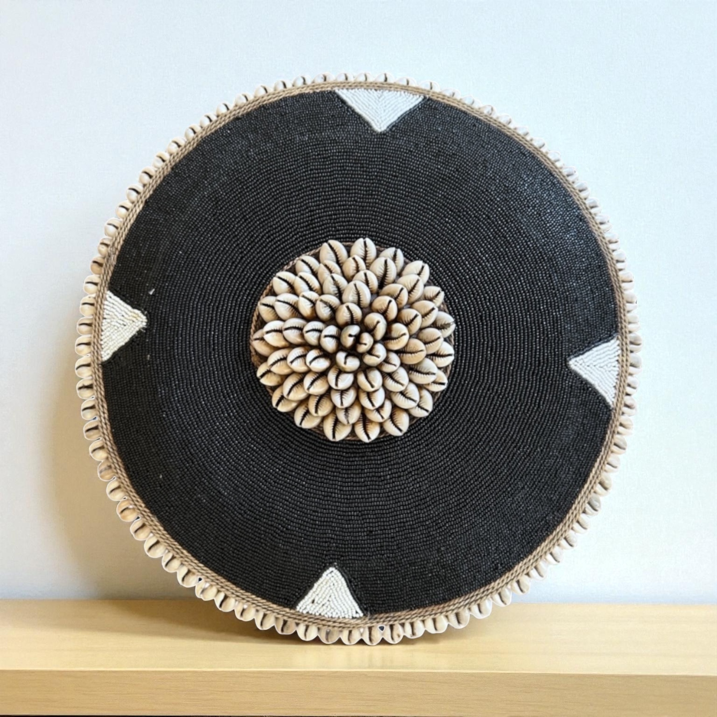 Cameroon beaded shield white, black and cowrie shells 55cm