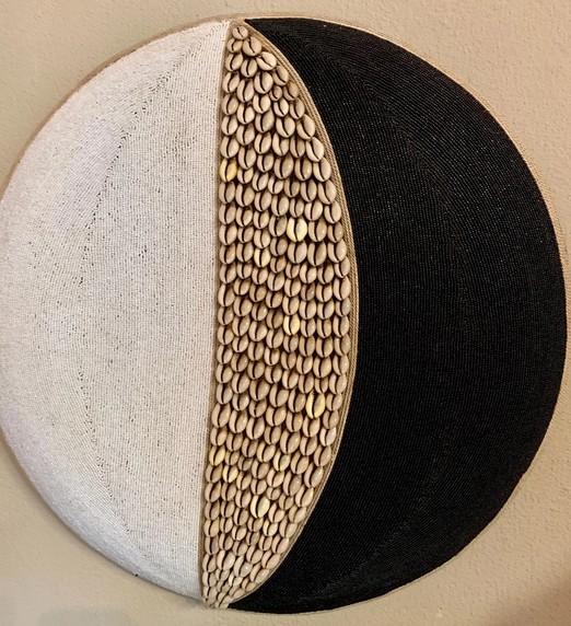 Cameroon beaded shield black and white circles with cowrie shells 30cm