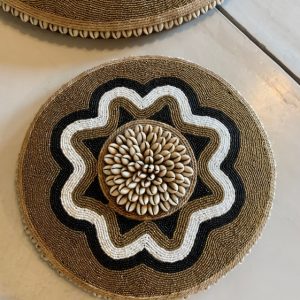 Cameroon beaded shield gold, black, white and cowrie shells 30cm