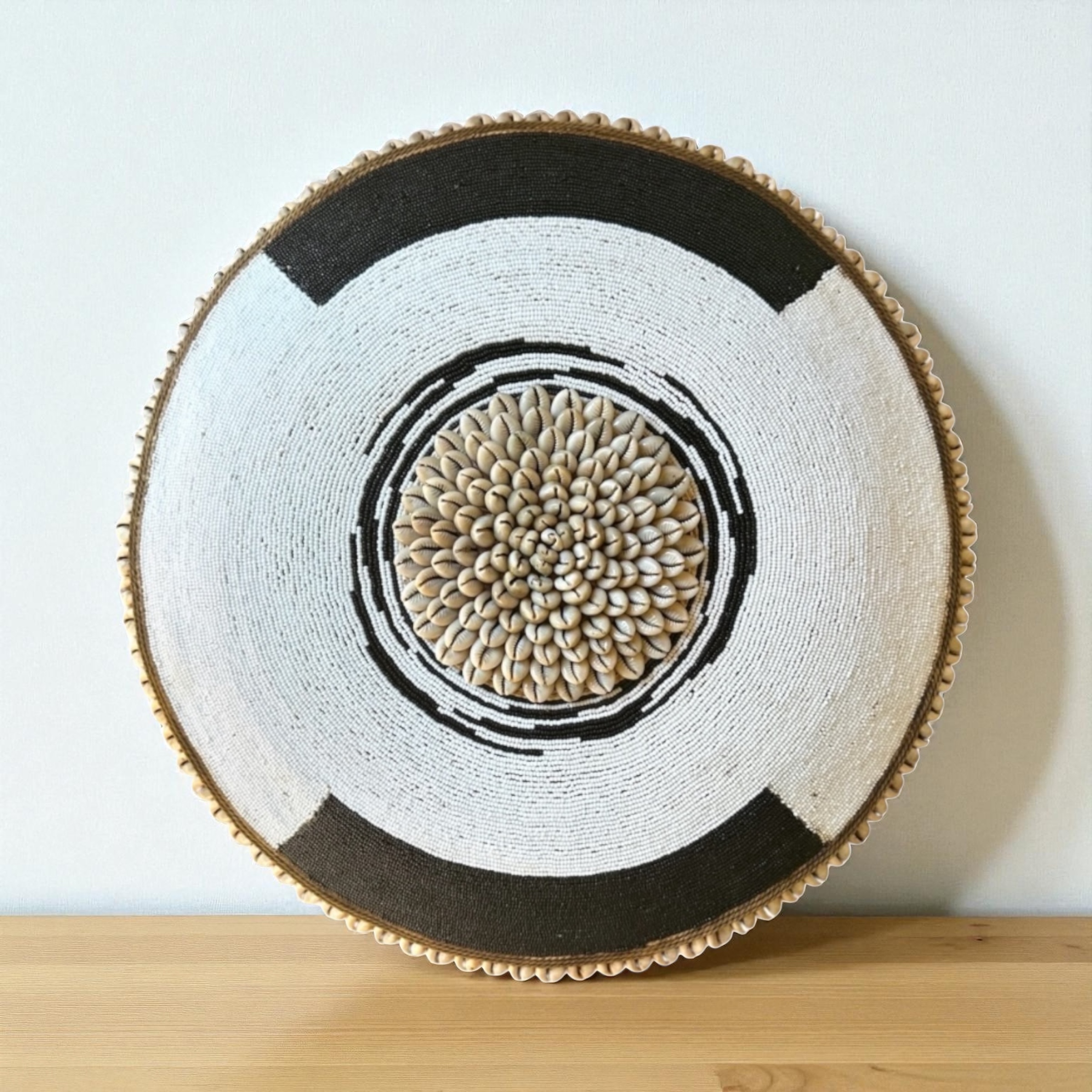 Cameroon beaded shield black, white corner and cowrie shells 30cm